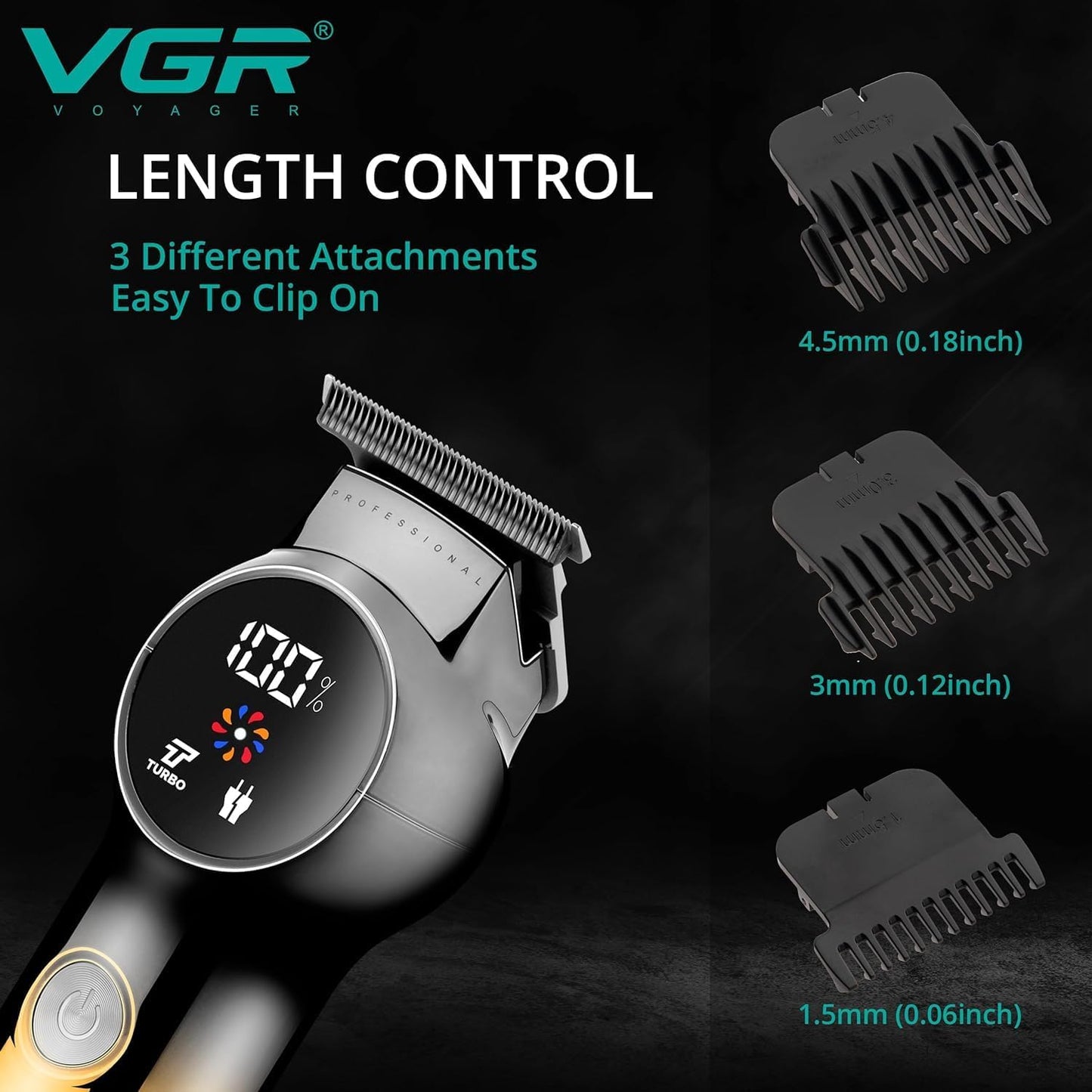 VGR V-989 Tondeuse à barbe Rasoir électrique professionnel humide & sec, cordon et sans fil rechargeable USB, avec affichage et indicateur de batterie, fonction Turbo, visage et corps homme