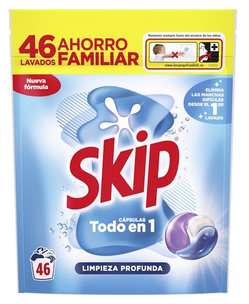 Skip Capsules Todo en 1 46 Lavados – Détergent Lessive en Capsules – Nettoyage Profond & Élimination des Taches Difficiles – Nouvelle Formule Concentrée, Ahorro Familiar