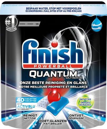 Finish Quantum Ultimate 40 Tablettes Lave-Vaisselle – Nettoyage en Profondeur & Brillance Éclatante – Technologie ActivBlu, Dégraissant Puissant, Sans Pré-Rinçage, Sachet Recyclable