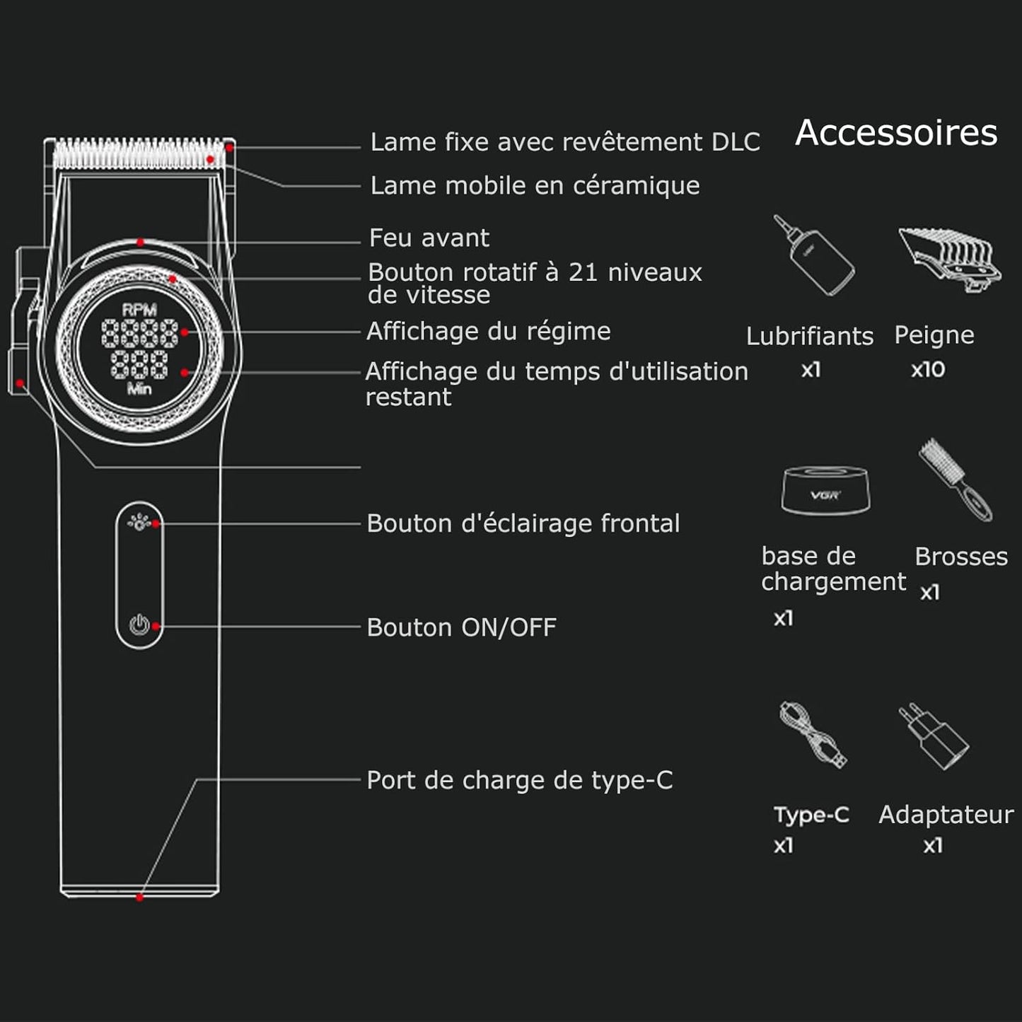 VGR 001 Tondeuse à cheveux professionnelle pour homme, sans fil pour coupe de cheveux, lame en acier au carbone pour barbier, 9000 tr/min, écran LED, noir