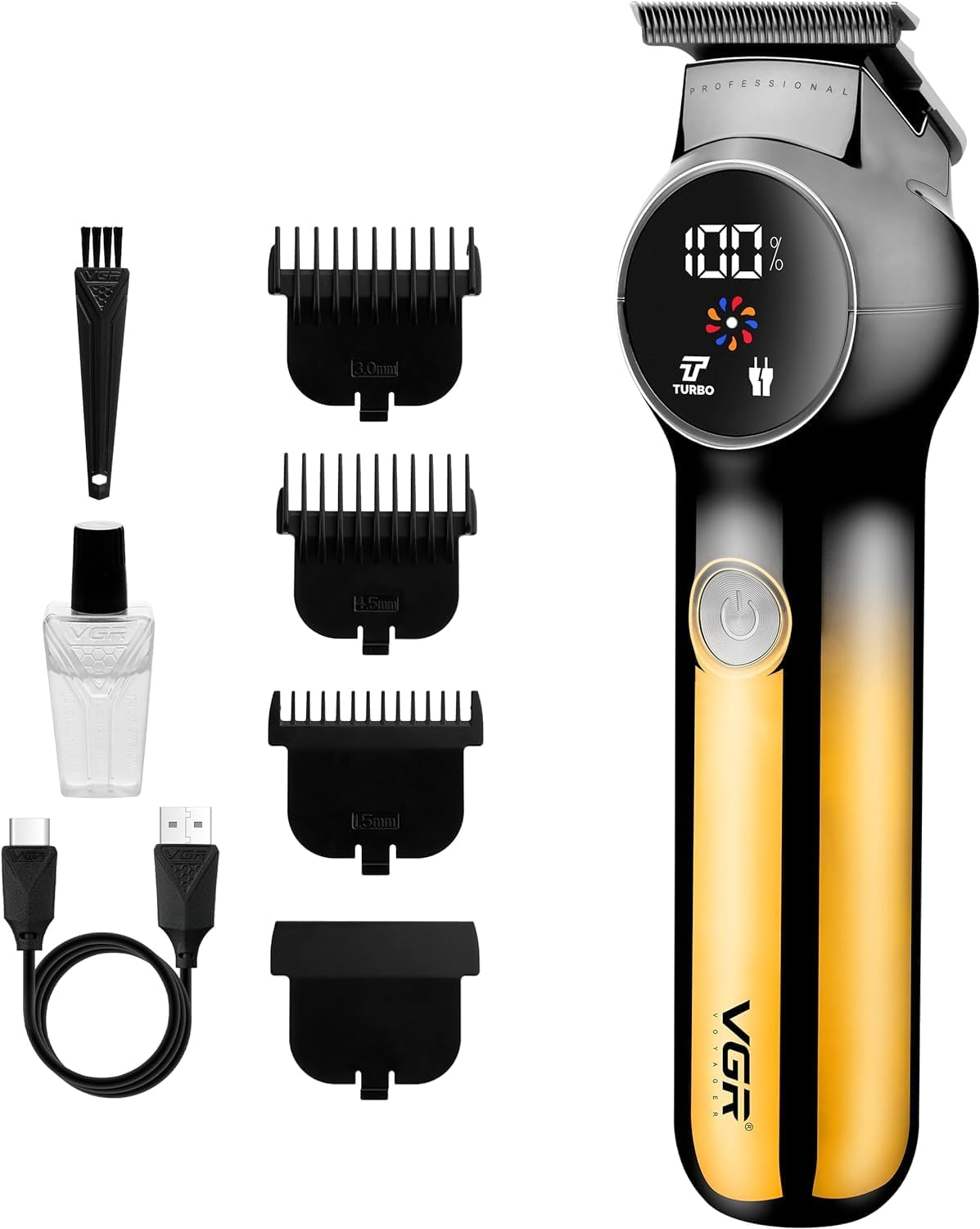 VGR V-989 Tondeuse à barbe Rasoir électrique professionnel humide & sec, cordon et sans fil rechargeable USB, avec affichage et indicateur de batterie, fonction Turbo, visage et corps homme