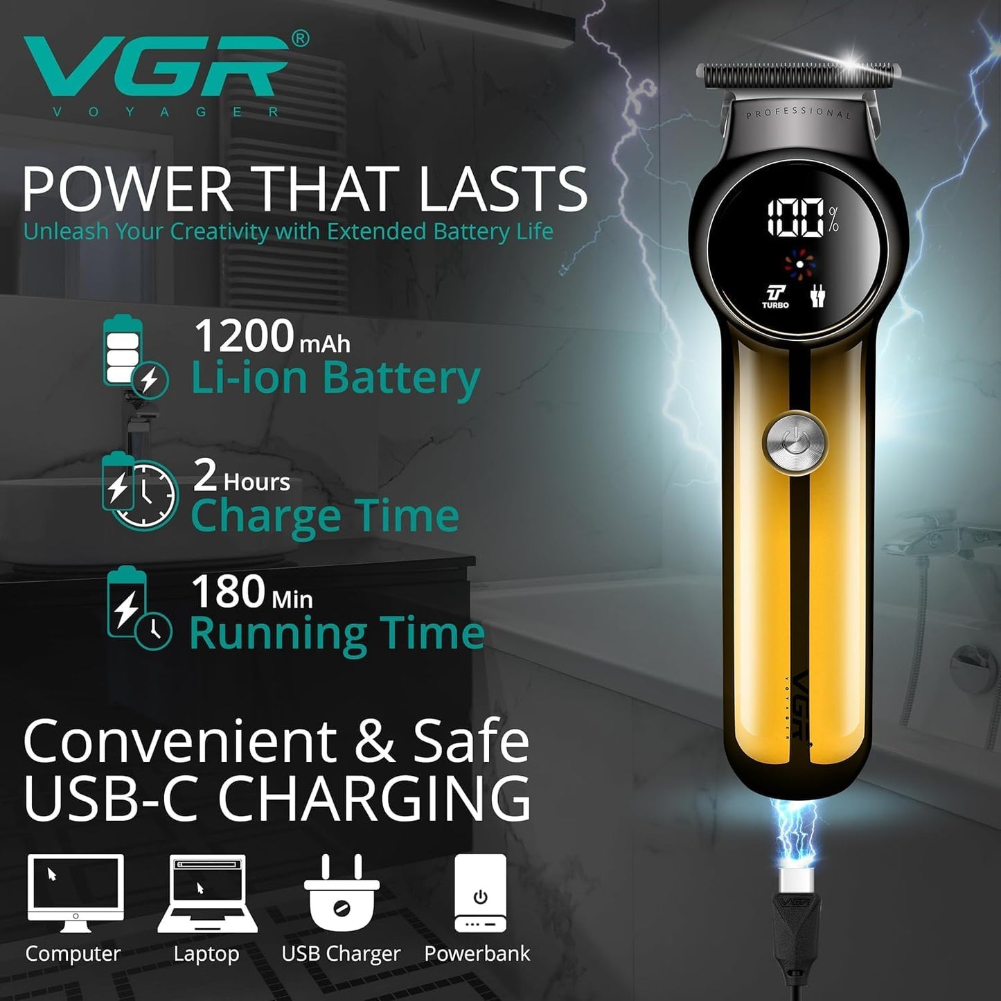 VGR V-989 Tondeuse à barbe Rasoir électrique professionnel humide & sec, cordon et sans fil rechargeable USB, avec affichage et indicateur de batterie, fonction Turbo, visage et corps homme