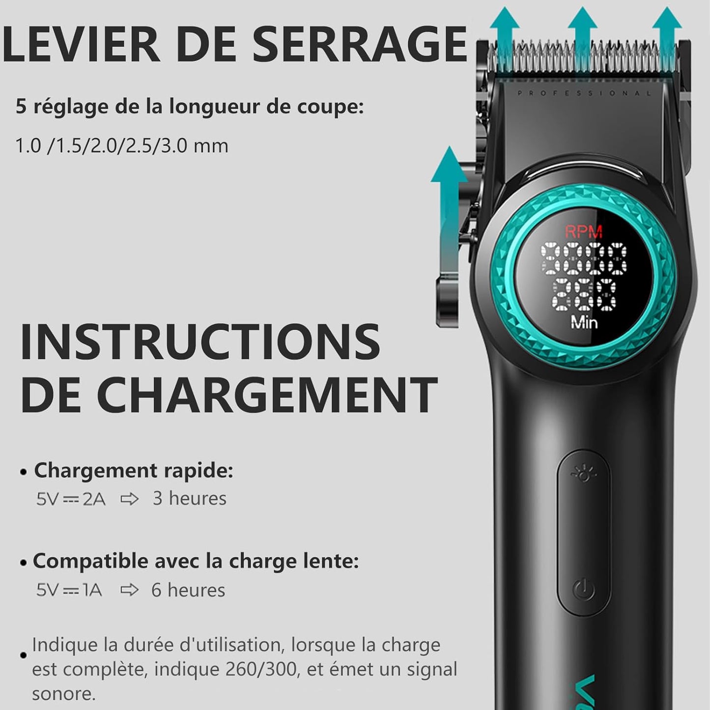 VGR 001 Tondeuse à cheveux professionnelle pour homme, sans fil pour coupe de cheveux, lame en acier au carbone pour barbier, 9000 tr/min, écran LED, noir