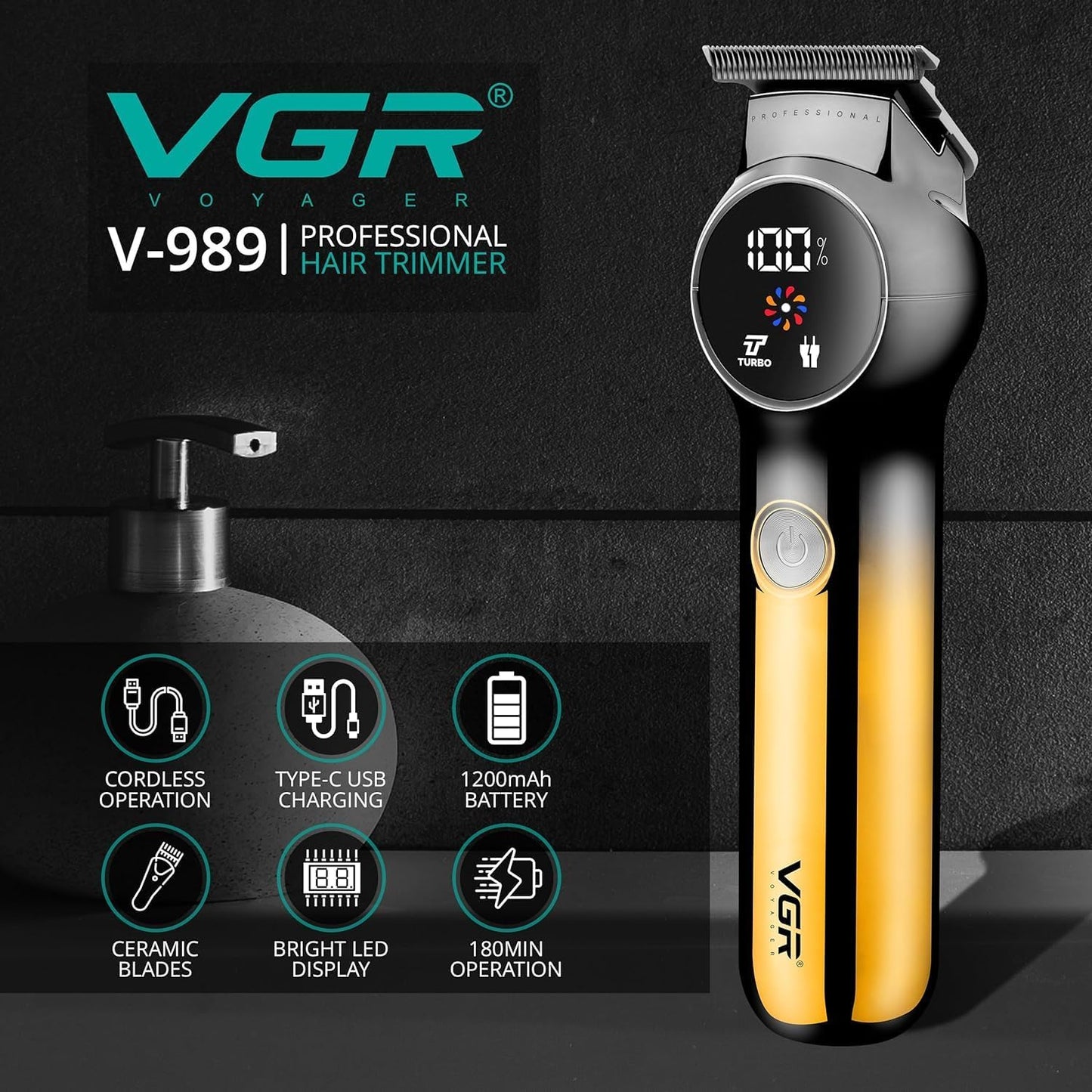 VGR V-989 Tondeuse à barbe Rasoir électrique professionnel humide & sec, cordon et sans fil rechargeable USB, avec affichage et indicateur de batterie, fonction Turbo, visage et corps homme