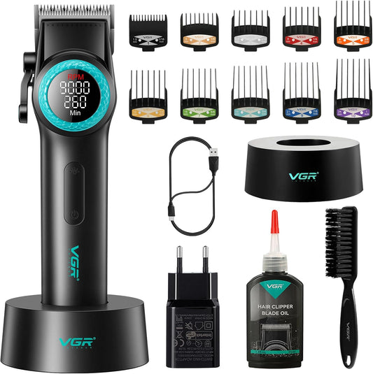 VGR 001 Tondeuse à cheveux professionnelle pour homme, sans fil pour coupe de cheveux, lame en acier au carbone pour barbier, 9000 tr/min, écran LED, noir