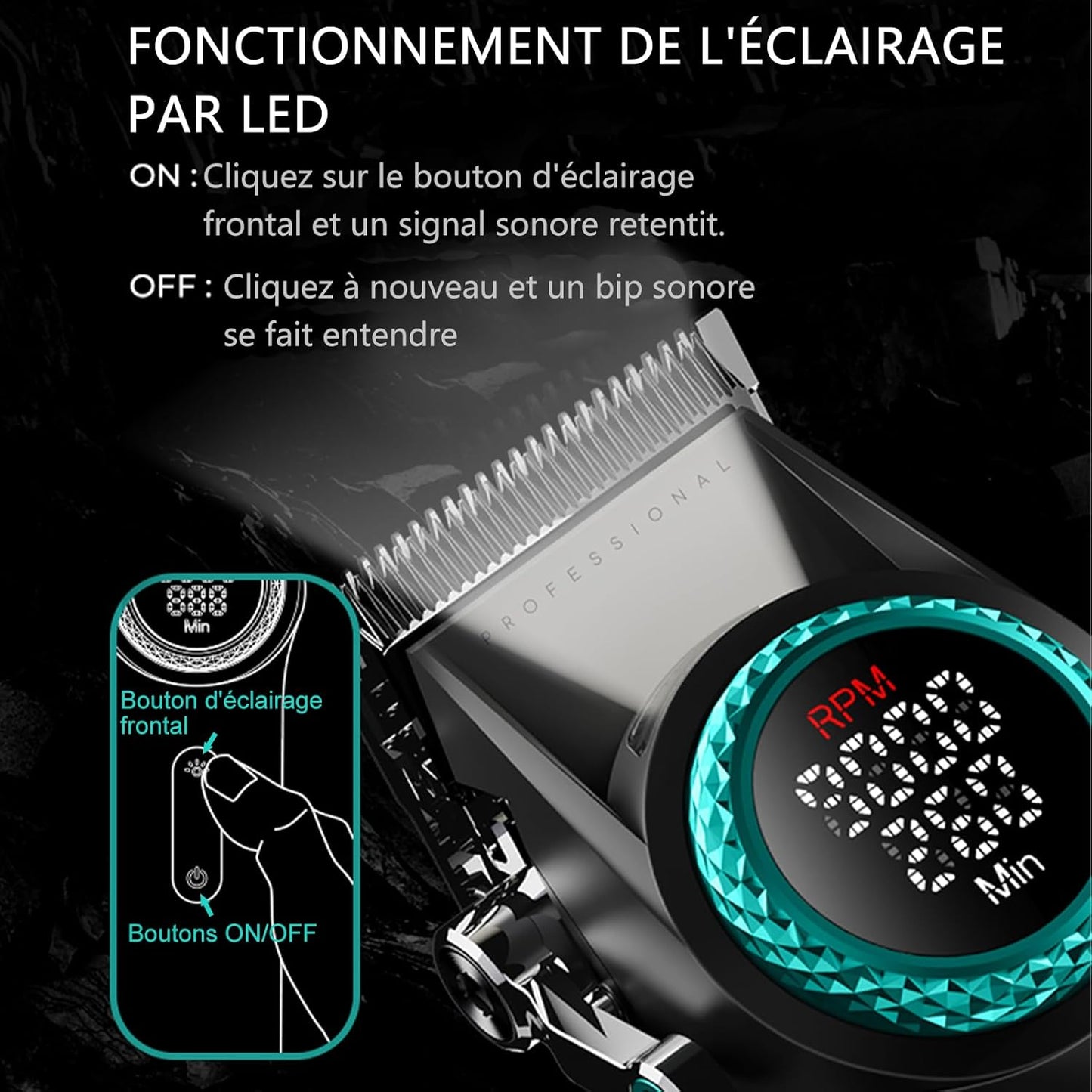 VGR 001 Tondeuse à cheveux professionnelle pour homme, sans fil pour coupe de cheveux, lame en acier au carbone pour barbier, 9000 tr/min, écran LED, noir