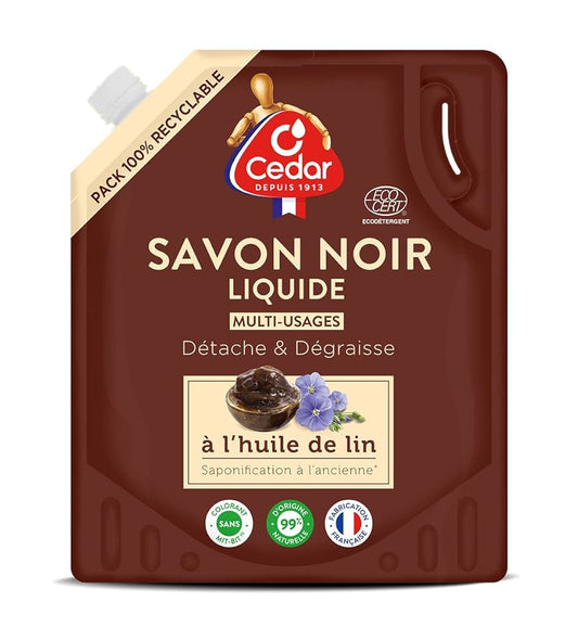 Cedar Savon Noir Liquide Multi-Usages à l’Huile de Lin – Détachant & Dégraissant Naturel – 99 % Ingrédients d’Origine Naturelle, Écocert, Fabrication Française, Pack 100 % Recyclable