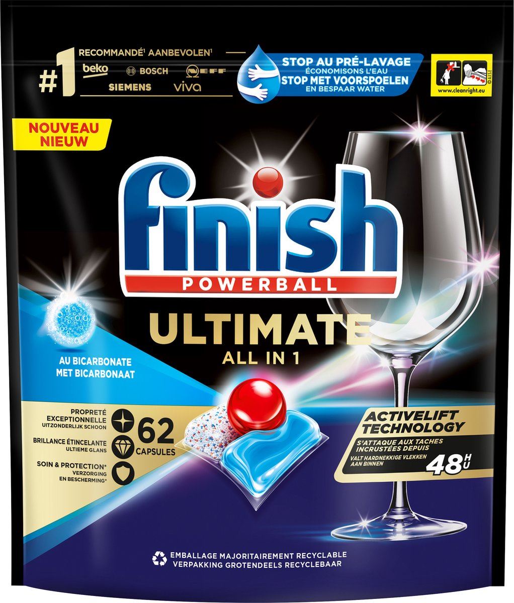 Finish Ultimate All in 1 62 Capsules – Tablettes Lave-Vaisselle au Bicarbonate – Technologie ActiLift, Nettoyage en Profondeur, Brillance Éclatante, Sans Pré-Rinçage, Emballage Recyclable