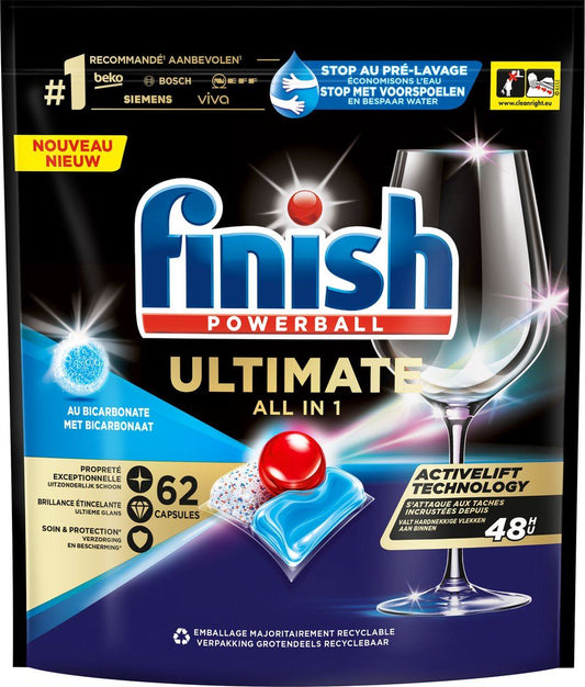 Finish Ultimate All in 1 62 Capsules – Tablettes Lave-Vaisselle au Bicarbonate – Technologie ActiLift, Nettoyage en Profondeur, Brillance Éclatante, Sans Pré-Rinçage, Emballage Recyclable
